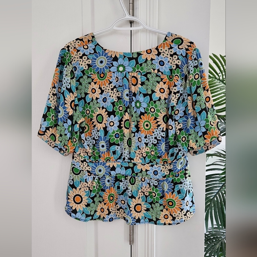 CAbi Floral Print Women's Blouse - Blue, Green, Orange - Picture 2 of 4